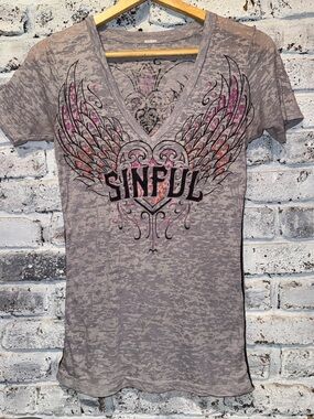 Affliction Sinful Graphic V-Neck Tee - Sheer Gray